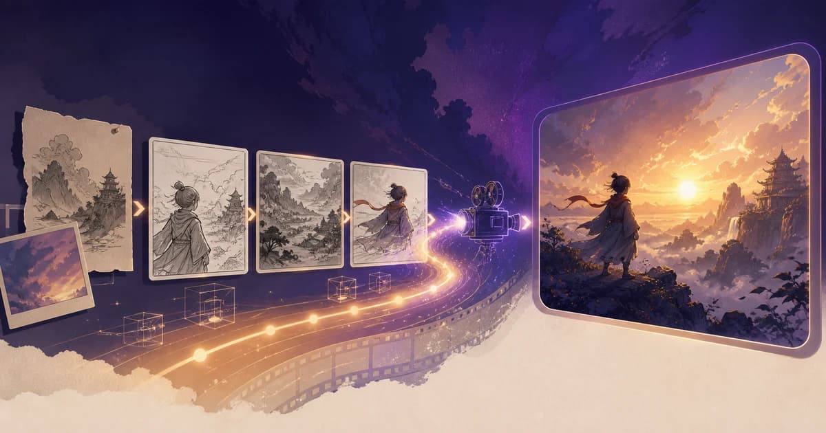 Storyboard frames flowing through an AI video production pipeline toward a final cinematic shot.
