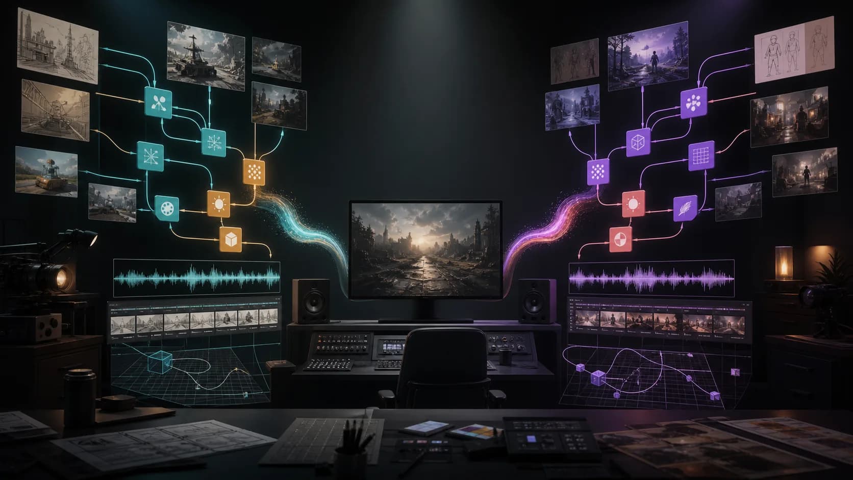 Two parallel AI video production workflows feeding a neutral review screen for a model comparison.
