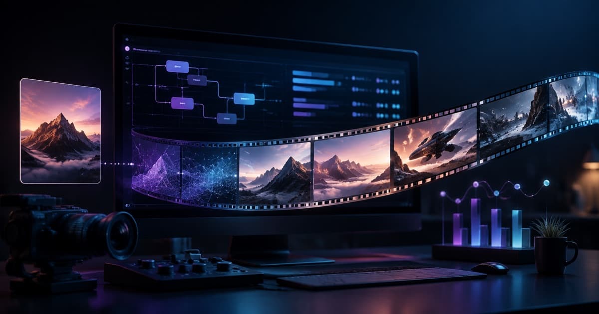 AI video production workflow with film frames and pricing data